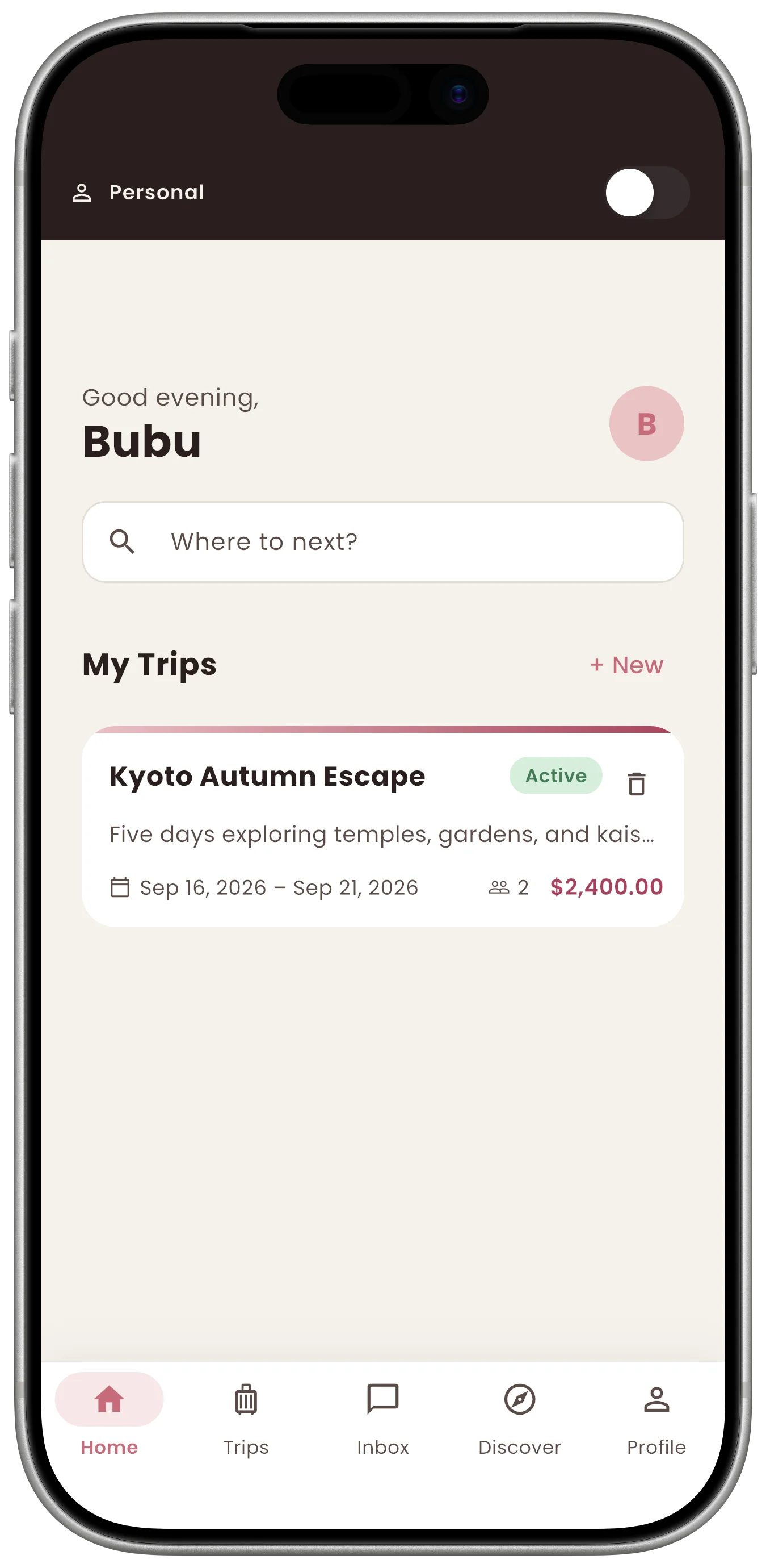 Kumo home screen in the Cherry Blossom theme, showing a shared trip dashboard
