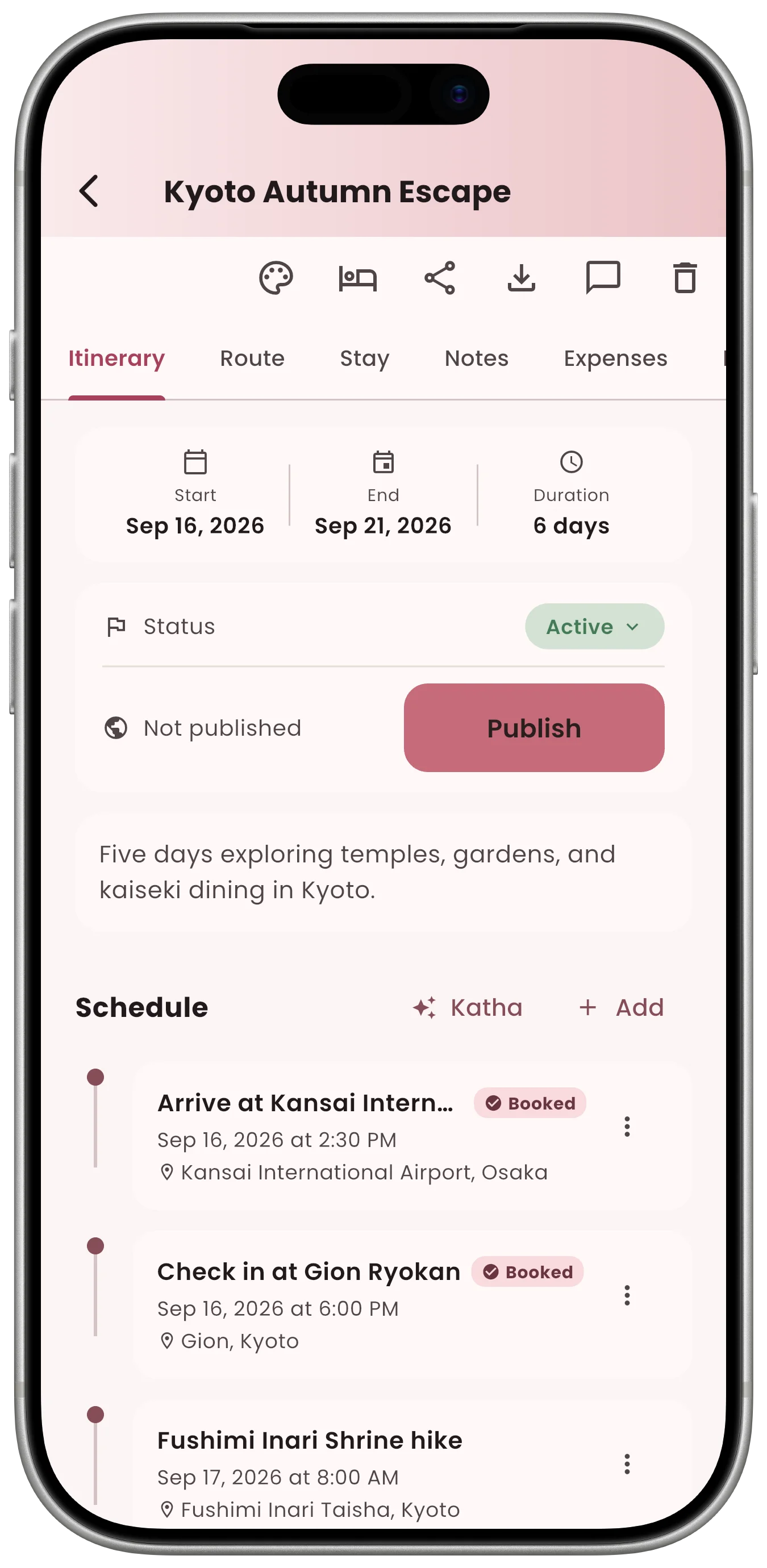 Kumo trip itinerary screen with scheduled days and travellers